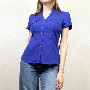 Express Elite Stretch Royal Blue Fitted Preppy Short Sleeve Button Up Shirt